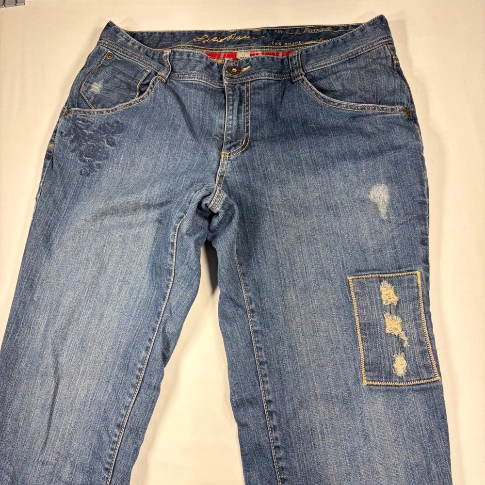 Eddie Bauer Red Flannel Lined Boyfriend Jeans Womens 12 Distressed Denim